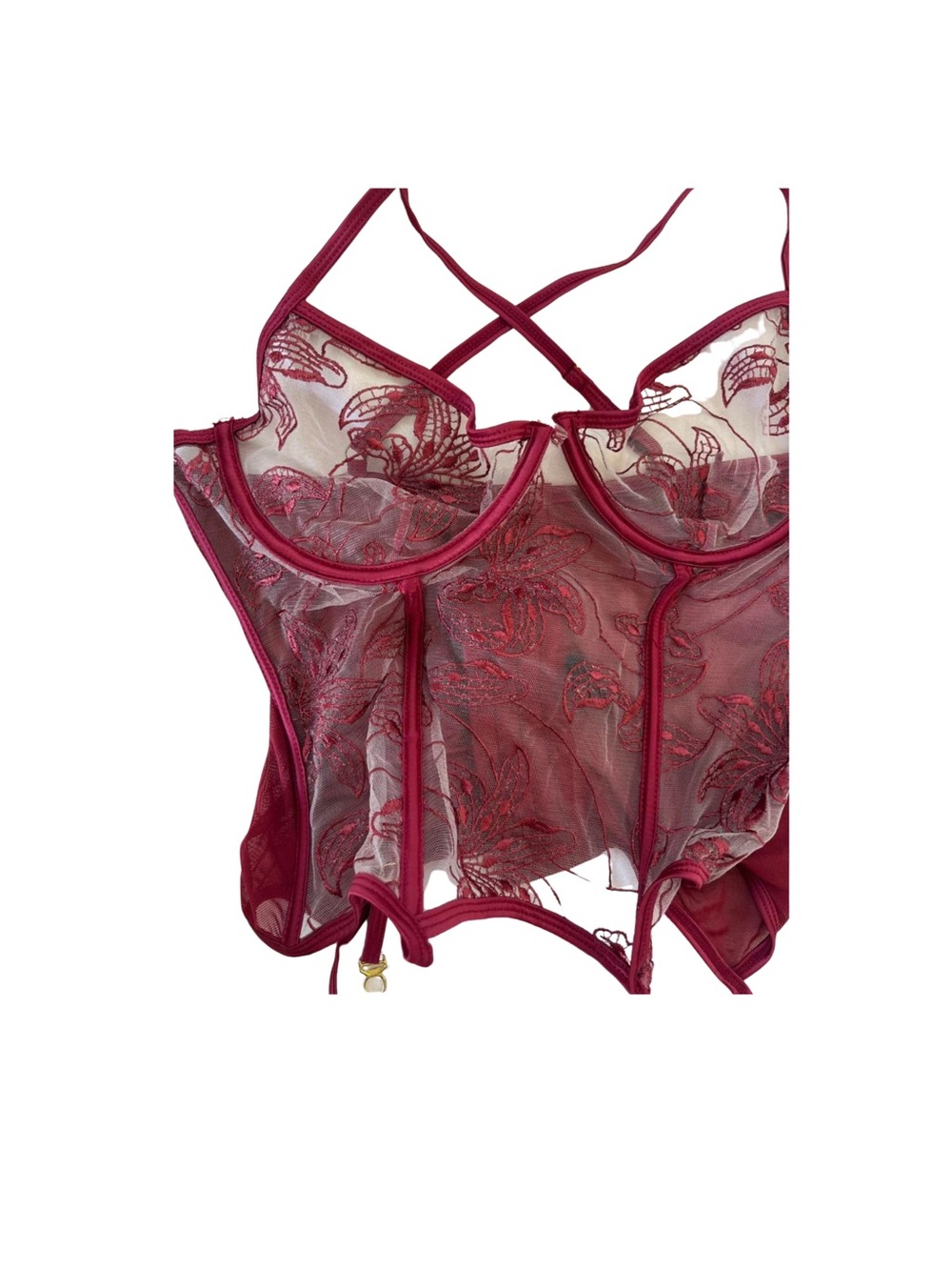 Vintage 90’s Y2K Embroidered Burgundy Lace Bustier with Garter Straps
